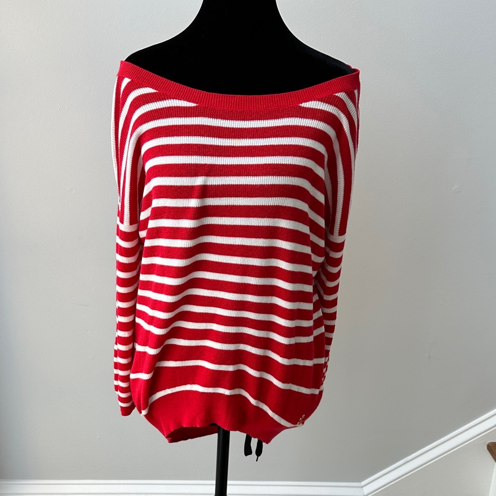 Juicy Couture Red and White Off-the-Shoulder Sweater
